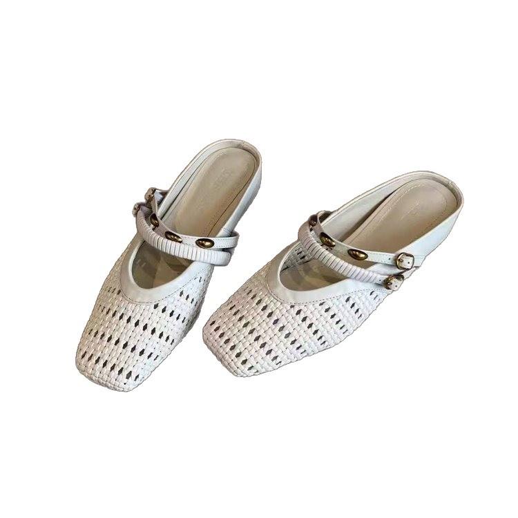 Cowhide version~ New retro French inner height increase woven hollow bag head half slippers Muller cool slippers women
