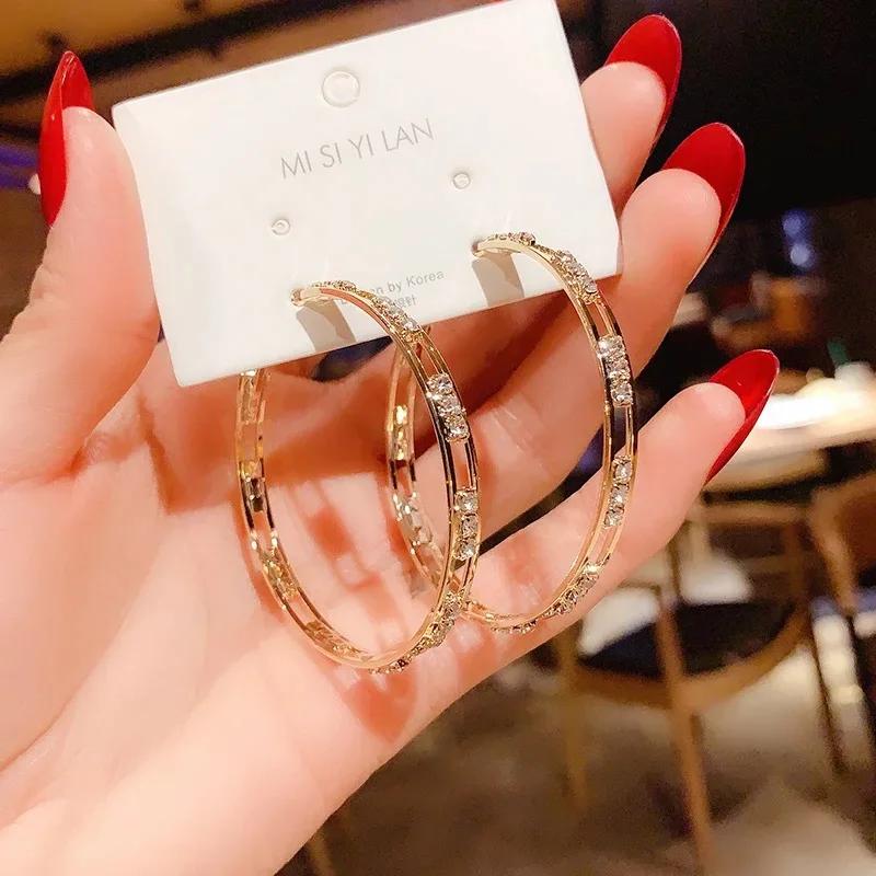 Luxury Female Big Hoop Earrings Fashion Gold Color Shiny Crystal Wedding Round Earrings Women’s Gift