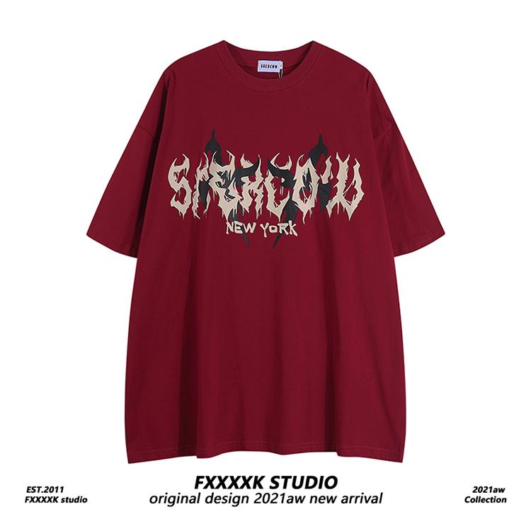 

Футболка с короткими рукавами American Retro High Street, мужская футболка высокого качества Ruan Shuai Oumei, модная брендовая пара 3XL вино красного