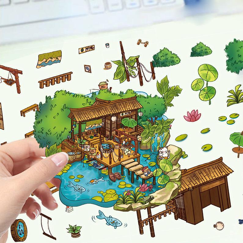 Cartoon Landscape Sticker Cat House Scene 3D Three-dimensional House Unzip DIY Scene Handbook Sticker