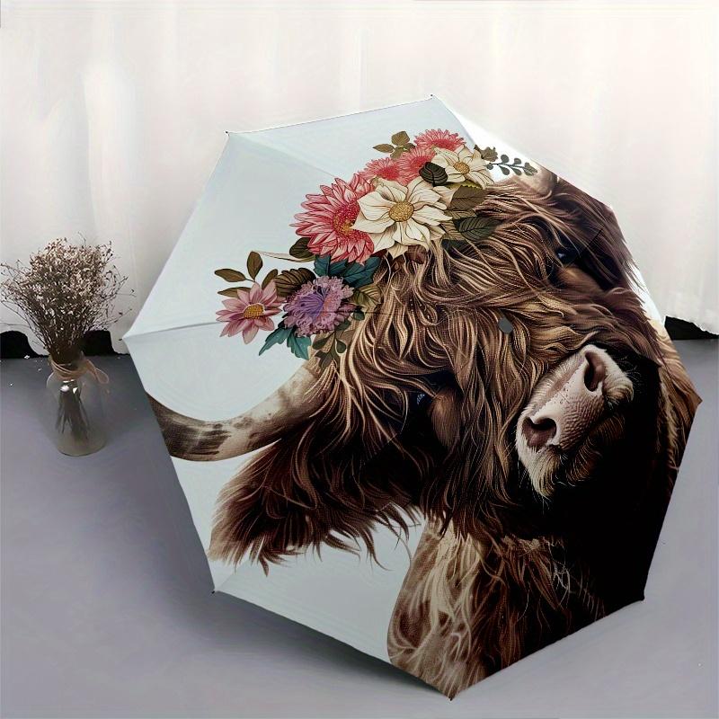 Flower Crown, Highland Cow Theme 8 Bone Hand Automatic Folding Fashion umbrella, Compact and Portable Design, A Perfect Gift for Birthday, C