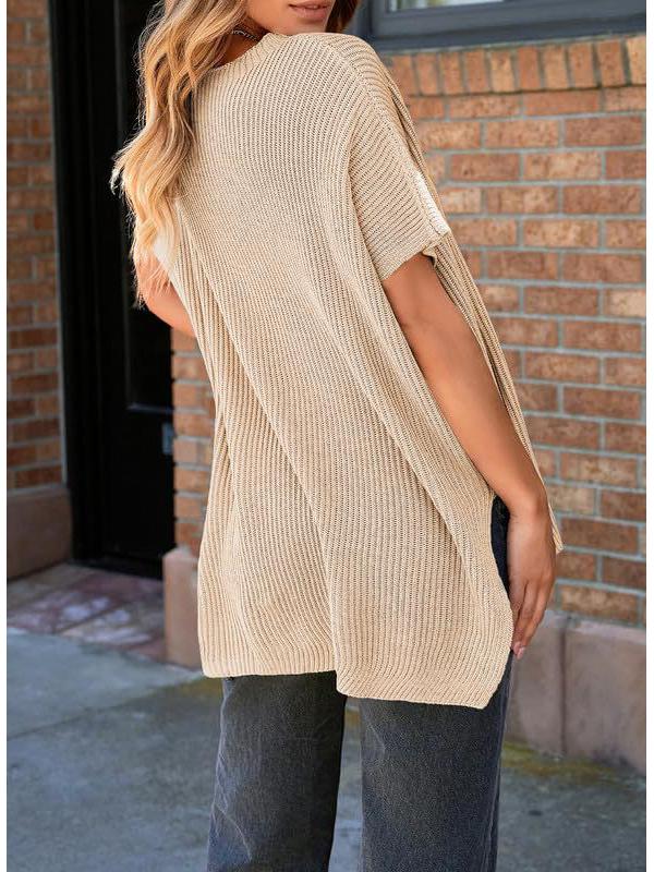 2024 Women's Summer Solid Color Knit Crew Neck Pullover T-Shirt - European & American Casual Loose Fit, Drop Shoulder, Short Sleeve Top