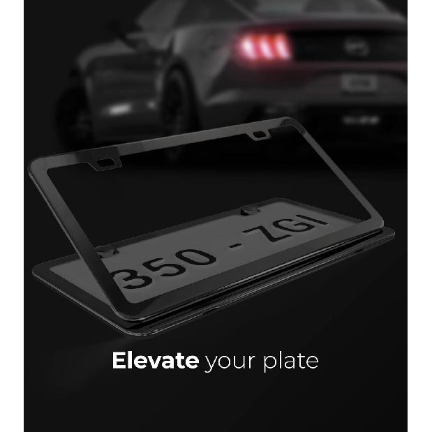 Black With Chrome Finish License Plate Frame - Stainless Steel Metal Frame With Screw Caps, 2 Pack (Chrome Black(Mirror Finish))