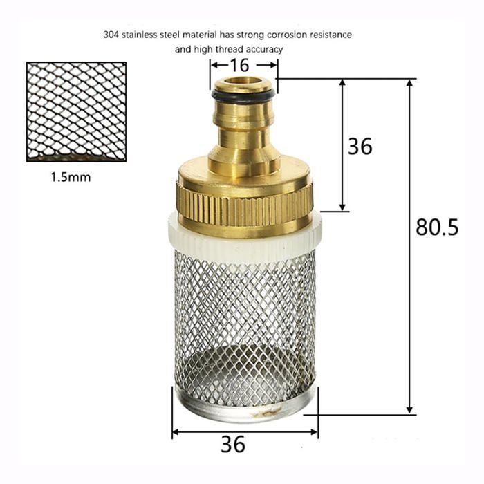 Crépine filtre de tuyau - AIMOONSA - 1" (16 mm) - Laiton & inox - Trou 1,5 mm - Pour arrosage & lavage voiture