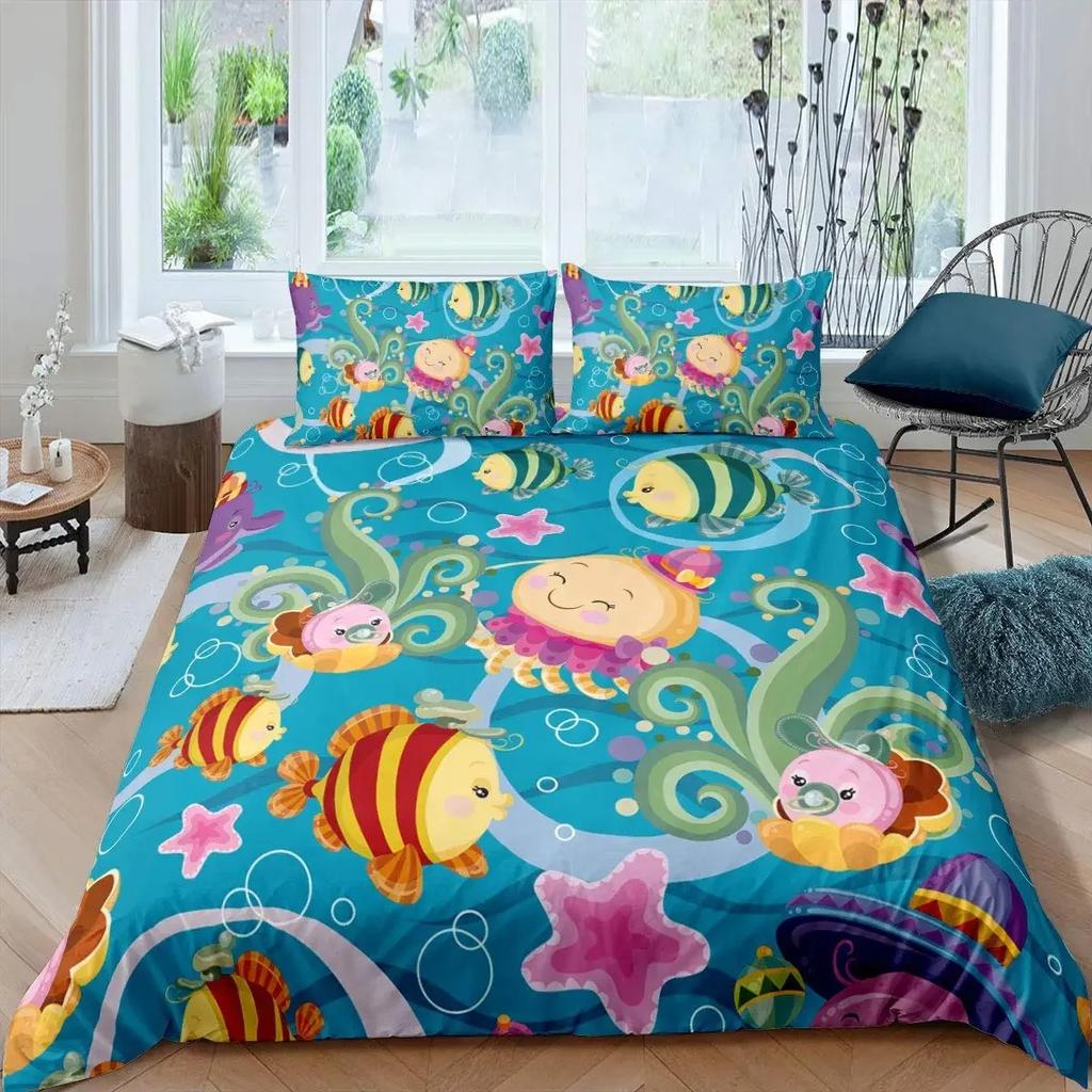 Cartoon Octopus Bedding Set KingQueen Size,Ocean Underwater World Duvet Cover Kids Sea Coral Fish Polyester Quilt Cover