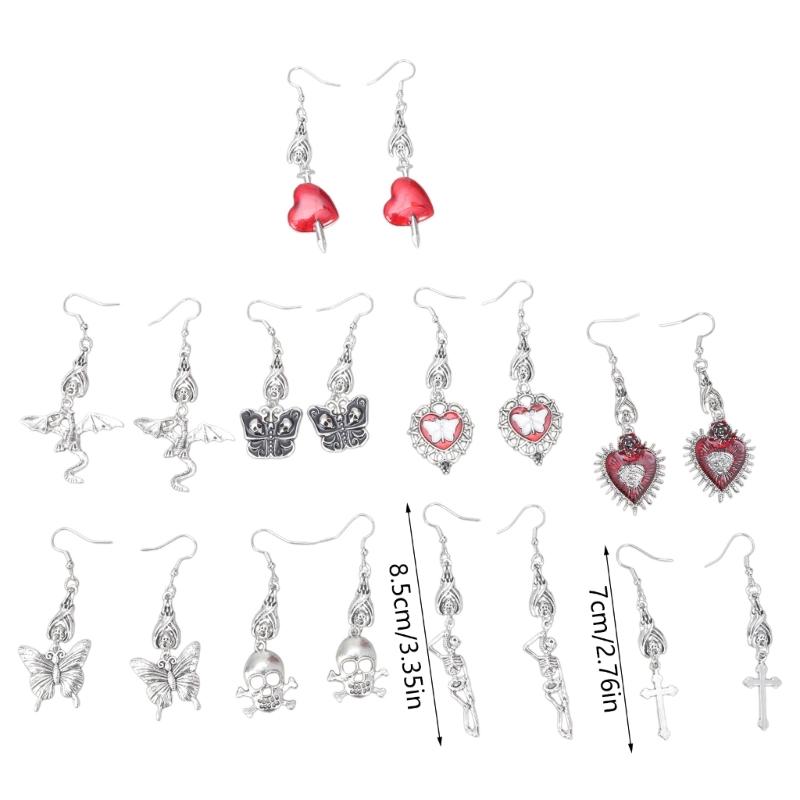 9x Goth Mysterious Drop Earring Jewelry Rose Heart for Butterfly Bat Skull for Cross Pendant Charm Vintage Earring For W