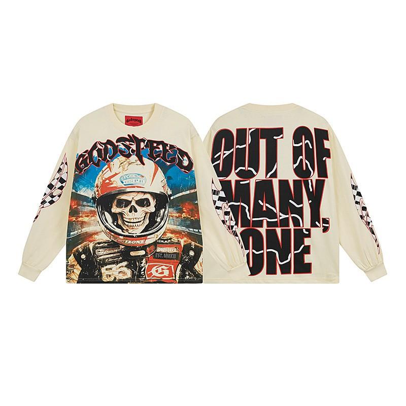 Mens Oversized Cotton Long Sleeve Tee With Skull Graphic Print Streetwear Rock Band Style Loose Fit Teens Adults