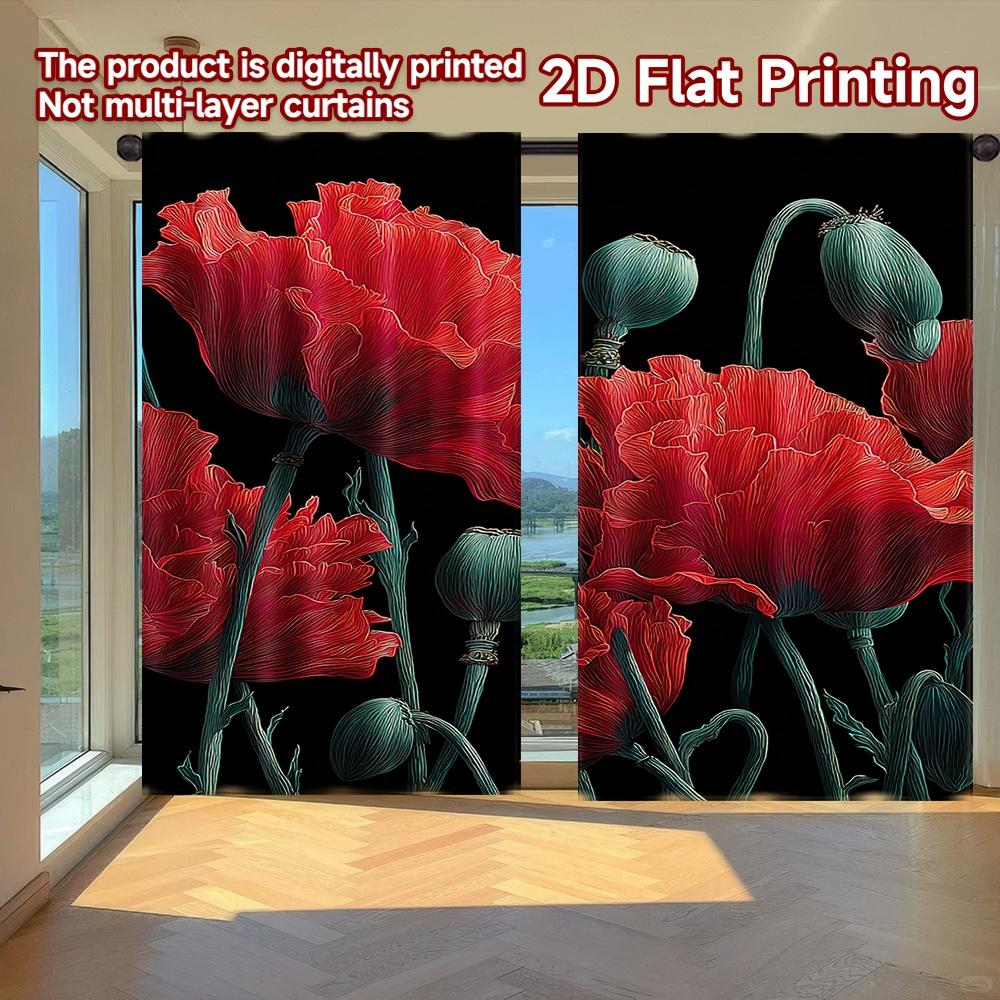 

2D FLAT PRINTING 2pcs Curtains (Without Rod) Floral Elegance in Red (2) Valentine is day Festival Minimalist Curtains Versatile 100*130 Rod Pocket 1pcs