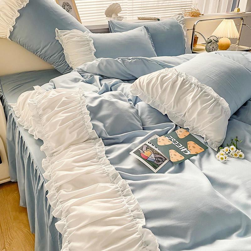 

Принцесса кружева оборки покрывало комплект постельного белья роскошный корейский пододеяльник пододеяльник кровать юбка простыня наволочки для девушки S женщины Skirt Bed Sheet&for 1.5m bed 3pcs синий