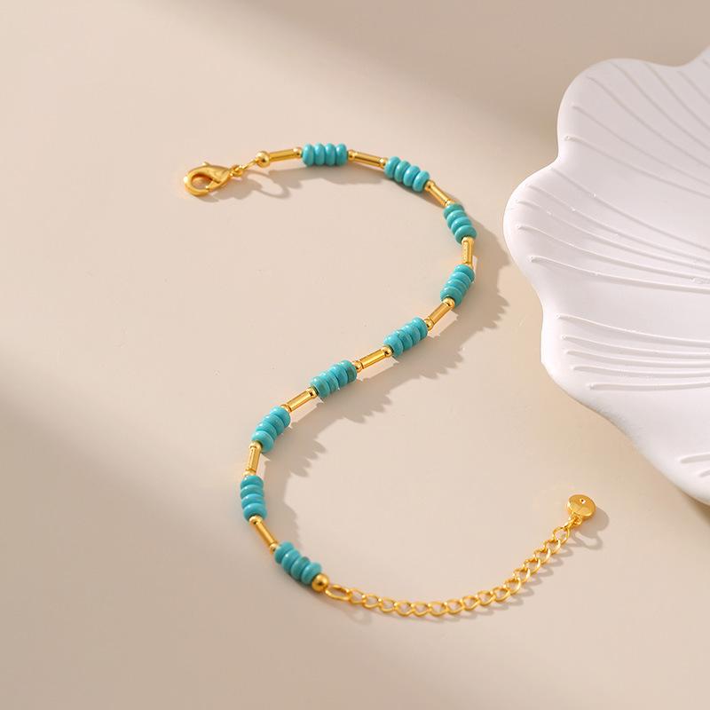 Handmade Turquoise Beaded Bracelet 18k Gold Plated Copper Tube Fashion Jewelry For Women
