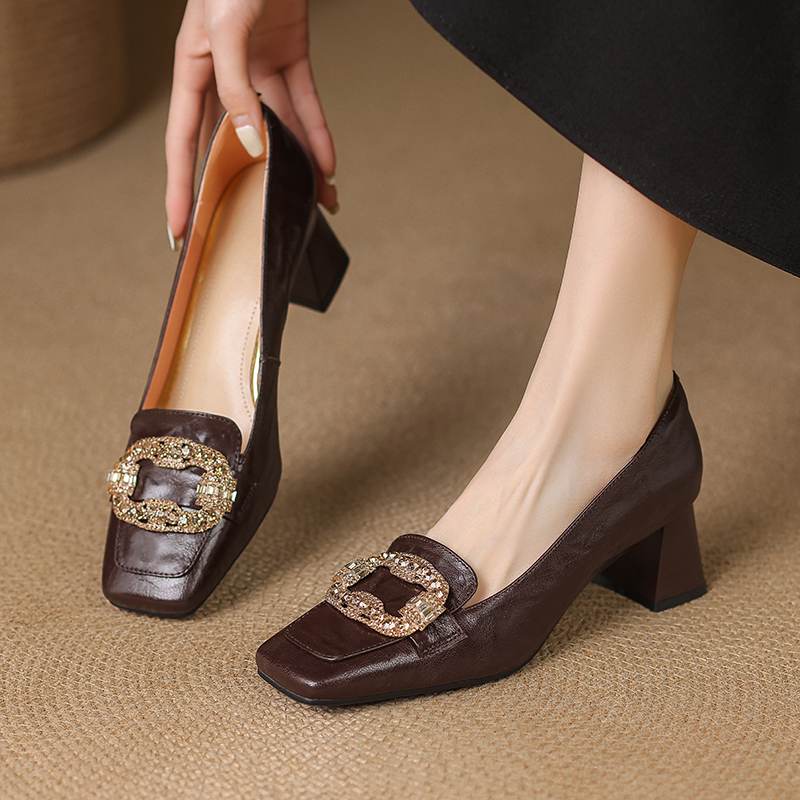 Krazing Pot Vintage Sheepskin Summer Autumn Thick High Heels Party Shoes Women Square Toe Crystal Buckle Wedding Pumps