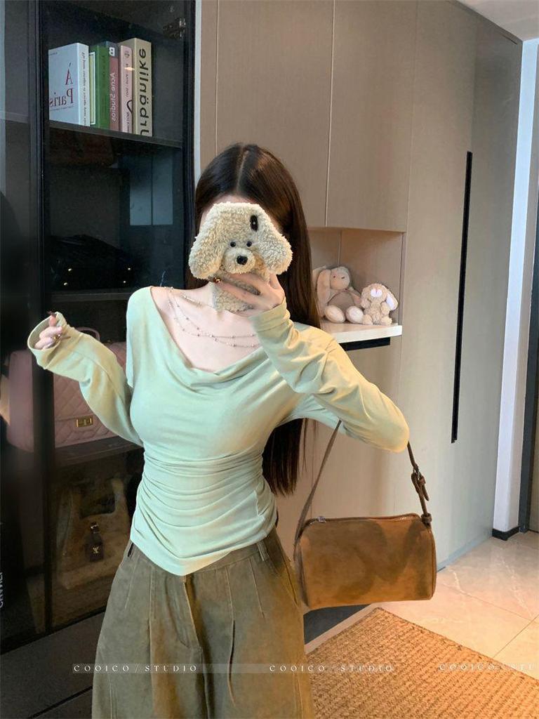 Korean Off-Shoulder Chain Pleated Long Sleeve Autumn Top