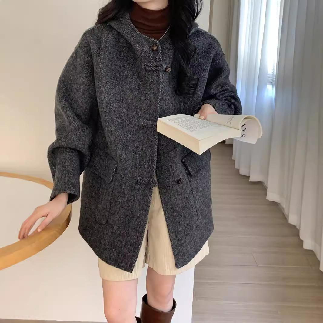 

Корейский стиль осень и зима новое двухстороннее шерстяное пальто для женщин с маленьким капюшоном свободное универсальное шерстяное пальто в студенческом стиле M