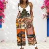 Women Spaghetti Strap Jumpsuit Camping Car Campfire Pumpkin Bat Halloween Print Wide Leg Pants With Pockets