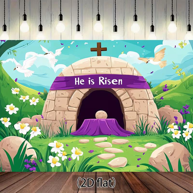 

2D Christian Easter Empty Tomb Backdrop Resurrection Scene with Garden and Purple Cloth 47.2x31.5inch/120*80cm
