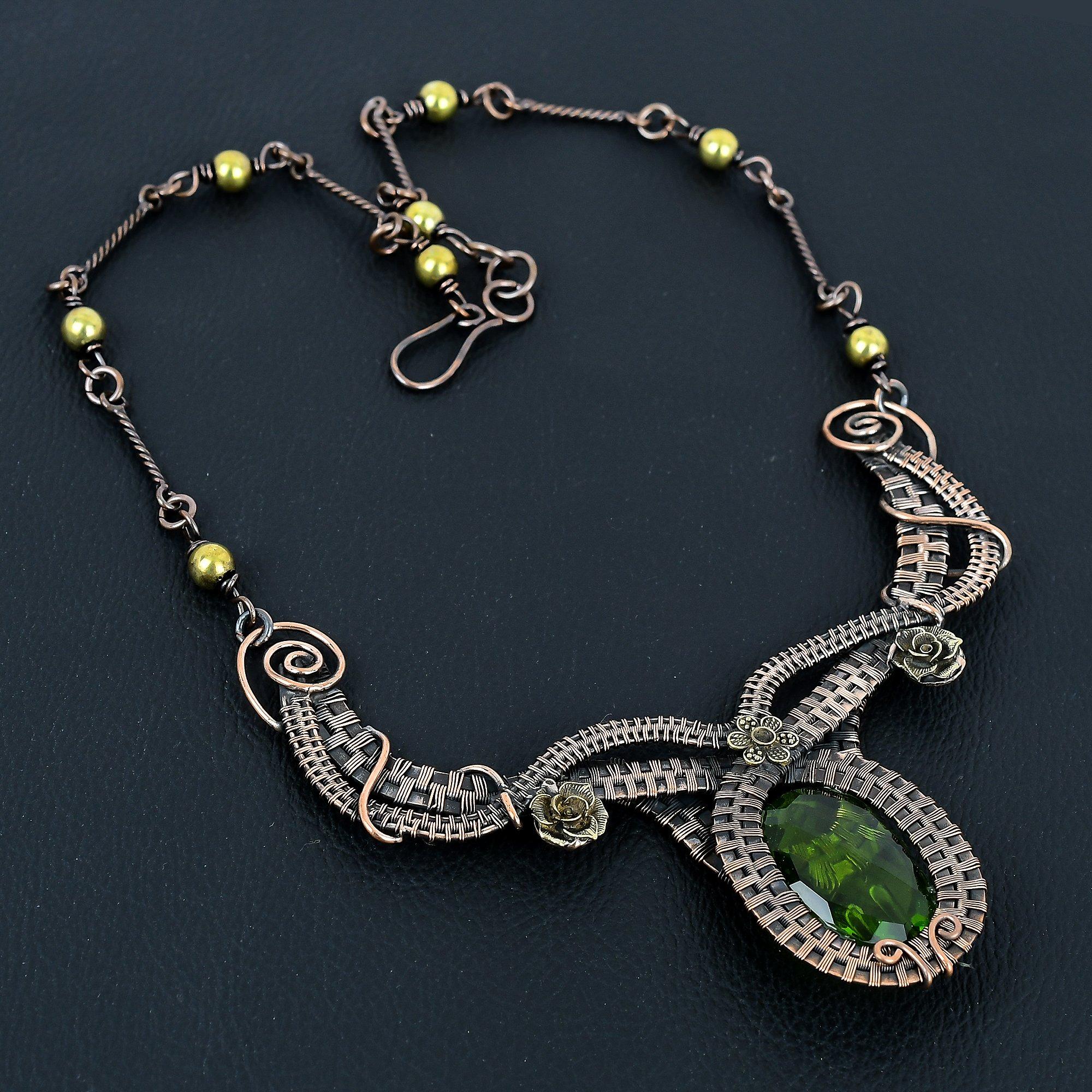 

Перидот Ожерелье из драгоценных камней ручной работы, Ожерелье, обернутое медной проволокой 999 пробы, Антикварные украшения, Для подарка на помолвку