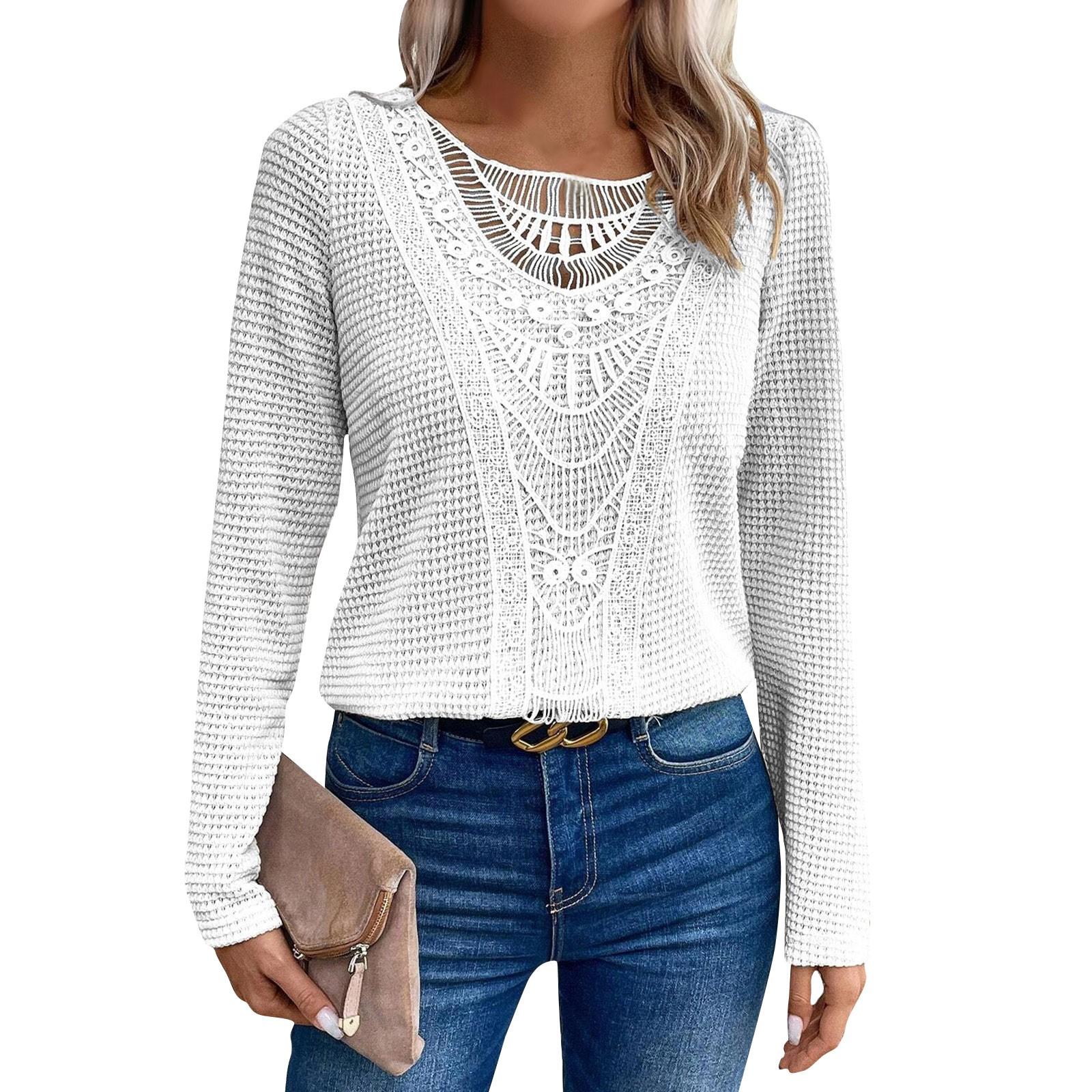 

Футболка с длинными рукавами Solid Solor Lace Patchwork с кружевным круглым вырезом для женщин XXXL белый
