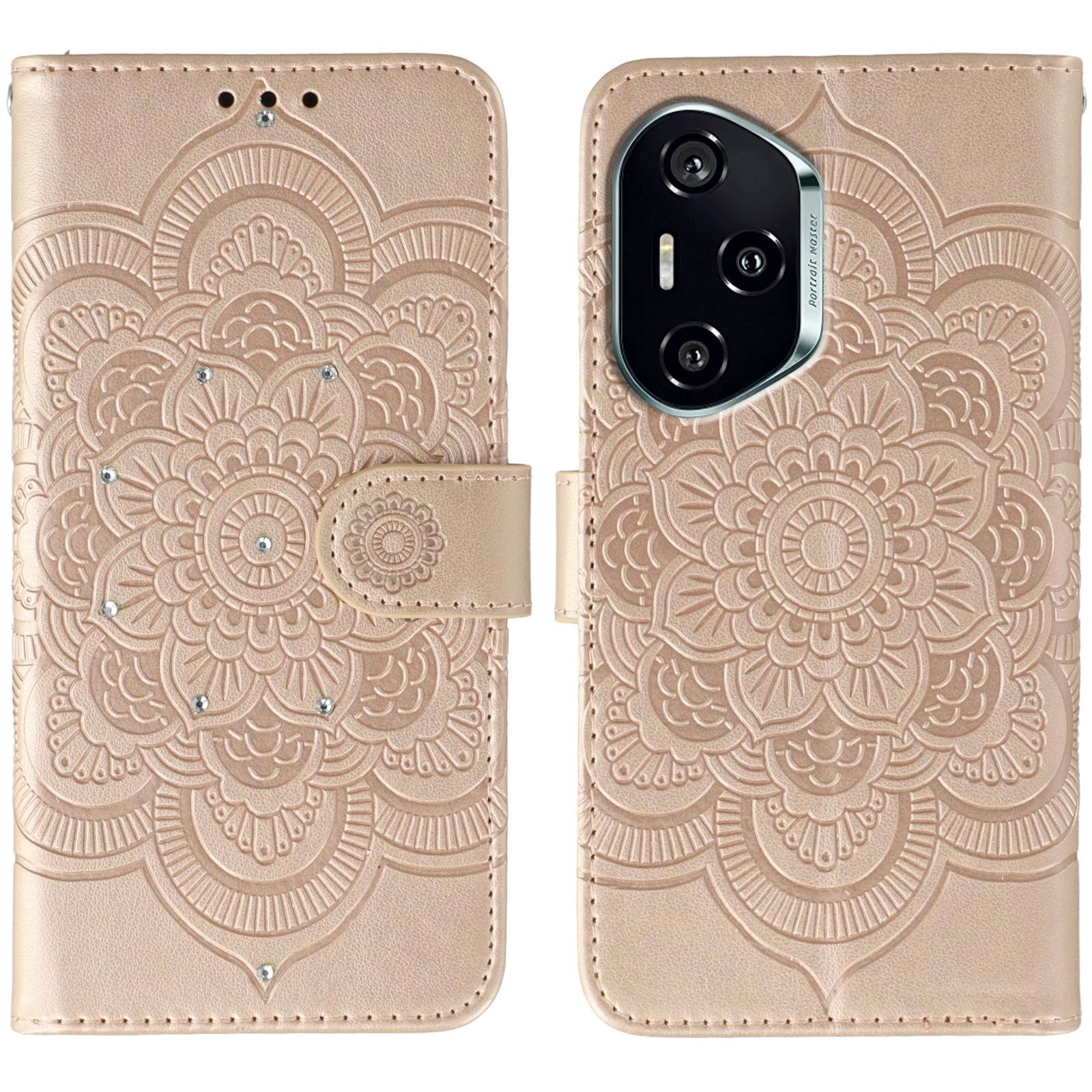 

For Honor 400 5G (Global) Case Rhinestone Decor PU Leather Mandala Imprinted Design Phone Cover with Wrist Strap Rose Gold
