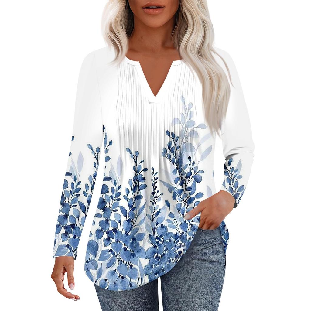 Moda Donna Casual Pieghettata Scollo a V Tinta Unita Manica Lunga Maglietta Top Eleganti