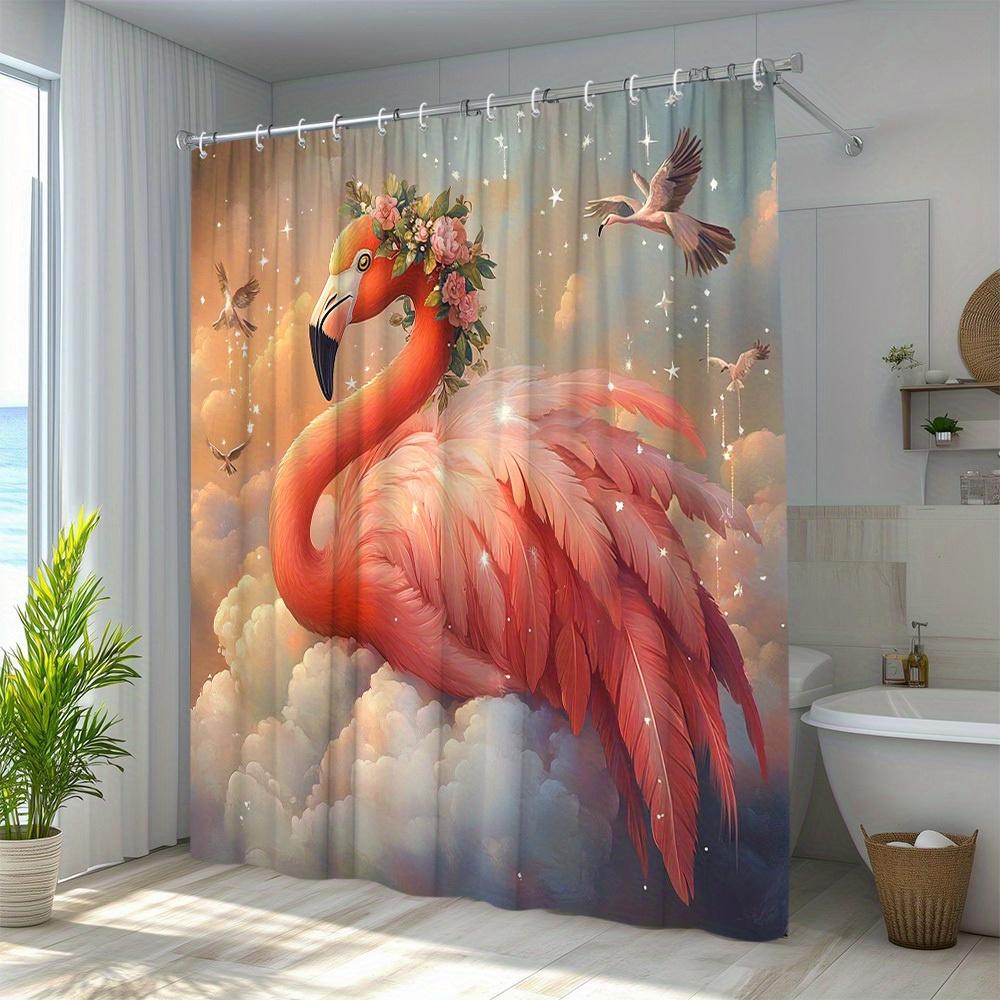 1Pc Flamingo Shower Curtain Animal Cloud Bathroom Decoration Polyester Fabric Contains 12 Hooks 70. 8X70. 8 Inch