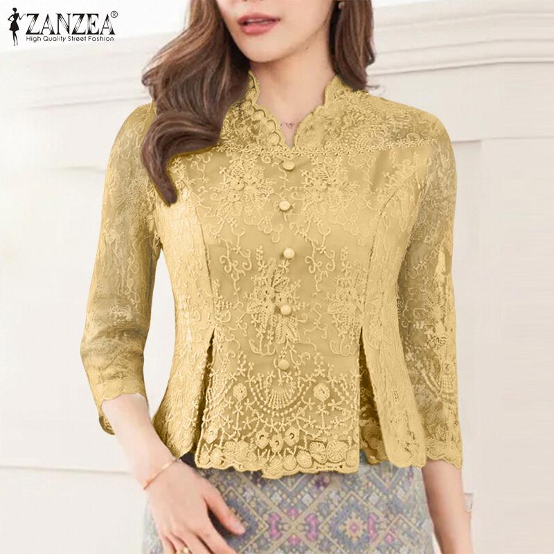 ZANZEA Bluză elegantă cu gât în V, mâneci 3/4, casual pentru femei, cu broderie și dantelă
