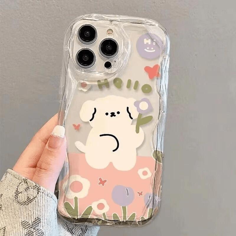 Cartoon Flower Little White Dog iPhone17Promax Mobile Phone Case Transparent for Apple 16promax Cream Case