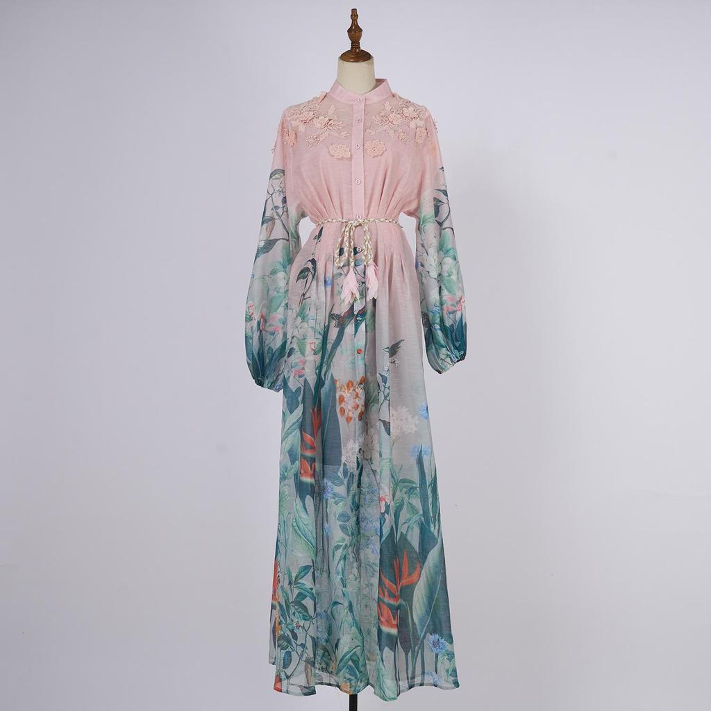 Exquise Robe Maxi Imprimée à Manches Bouffantes avec Détail à Nouer