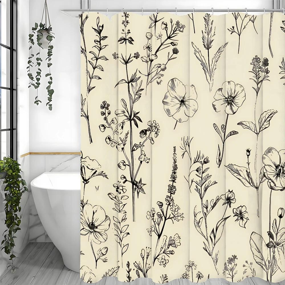 Czarno-beżowa kwiatowa zasłona prysznicowa, Dekoracyjna zasłona prysznicowa do łazienki, Wodoodporna zasłona prysznicowa z haczykami