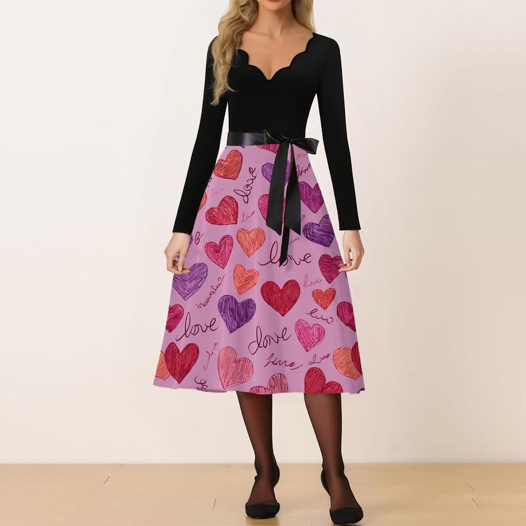 Damen Casual Mode V-Ausschnitt Valentinstag Print Retro Kleid