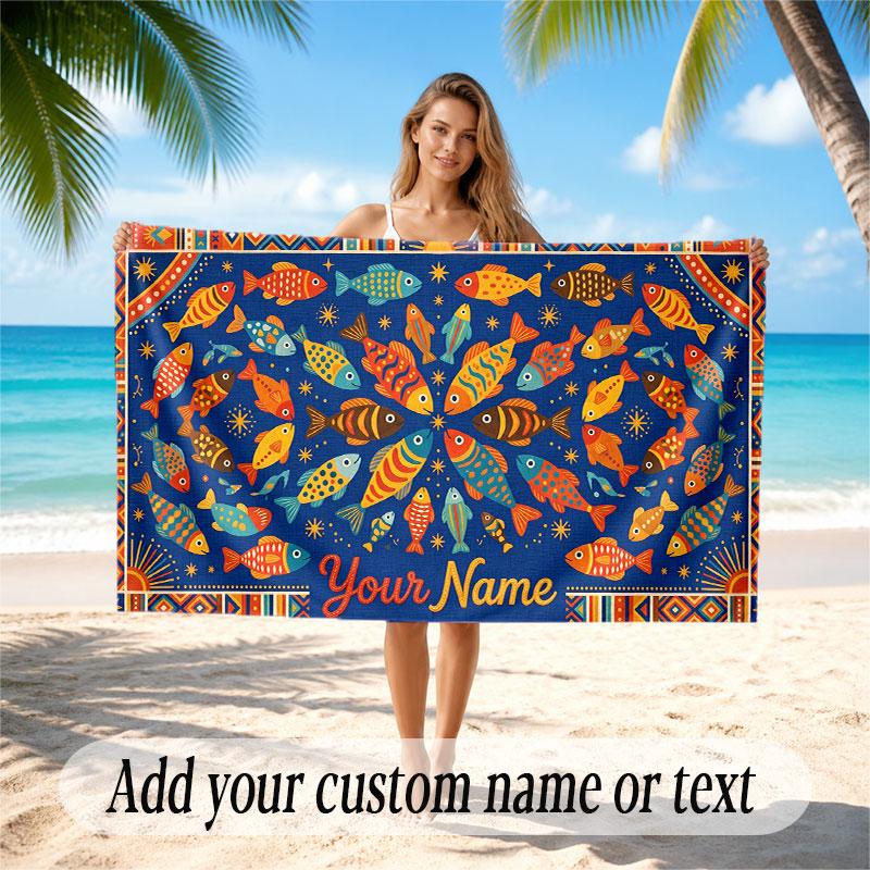 Fish Ocean Theme Beach Towel Personalized Custom Name & Text Soft Quick Dry Beach Towel for Swimming Travel