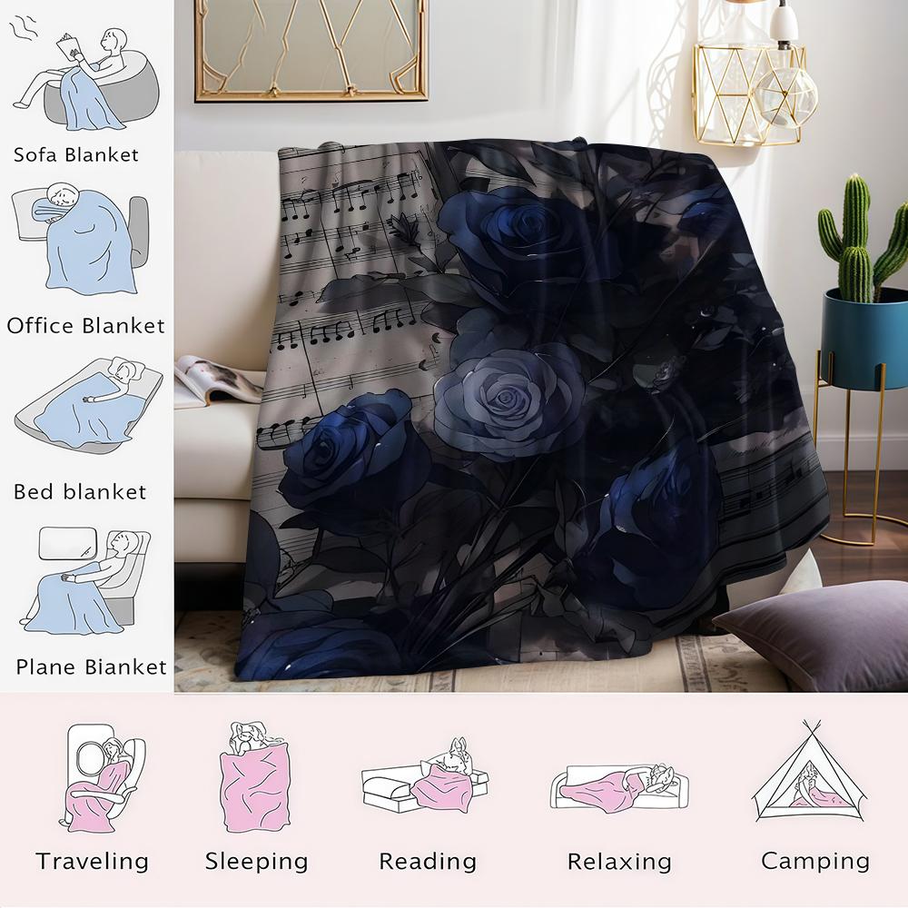 Blue Roses Sheet Music Flannel Blanket Warm Soft Halloween Christmas Couch Warm Cozy Decorative Decor Gift for All Season