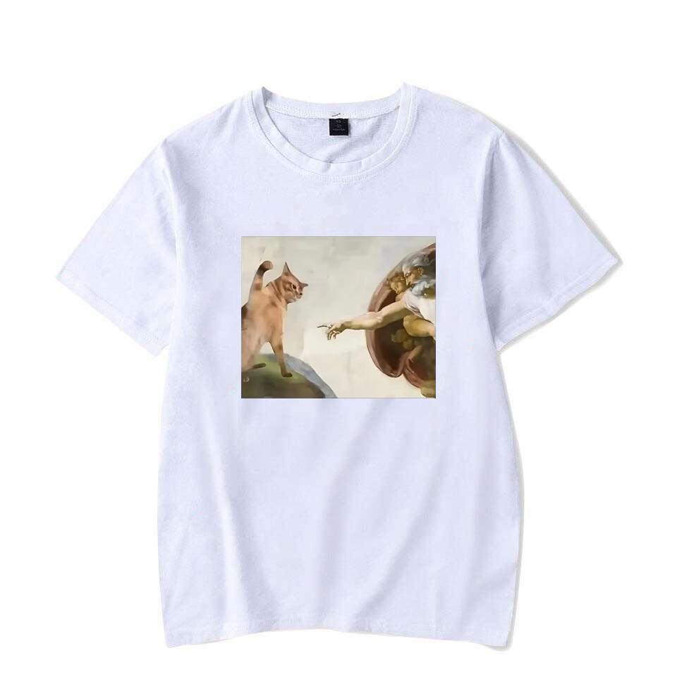Lustiges Katzen Gott Adam Schöpfung Meme Muster Unisex Damen T-Shirt Lässig Kurzarm Jesus Bild Unisex T-Shirt Rundhals Tee Tops