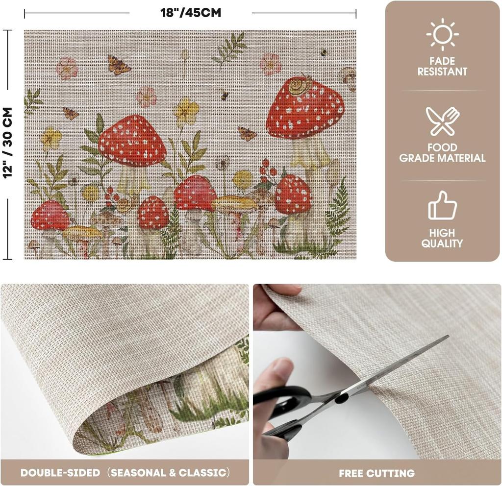 Beige Mushroom Moth Flowers Placemats Set of 4, 12x18 Inch Plastic Woven Wipeable Non-Slip PVC Place Mats for Party Kitchen Dining Decor