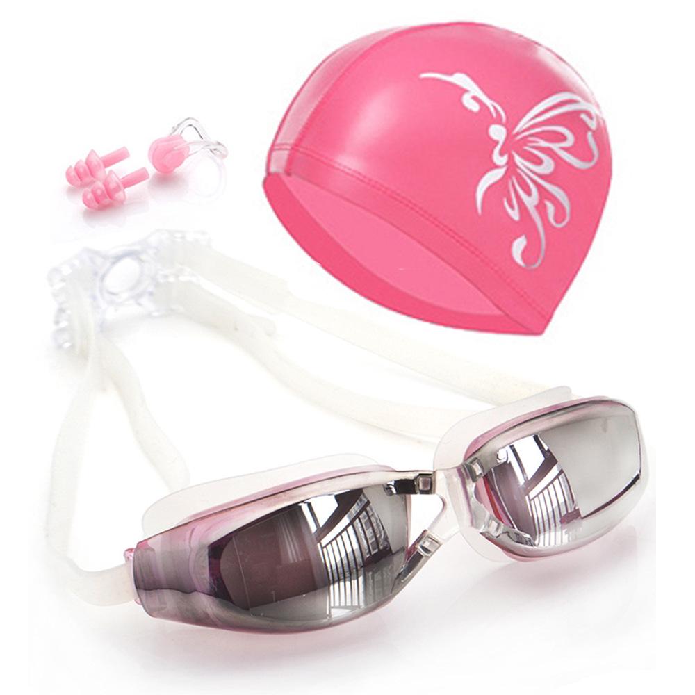 Shenyu Anti-Fog HD Swim Goggles Set: Includes Electroplated Goggles, Silicone Nose Clip, Earplugs, and PU Swim Cap.