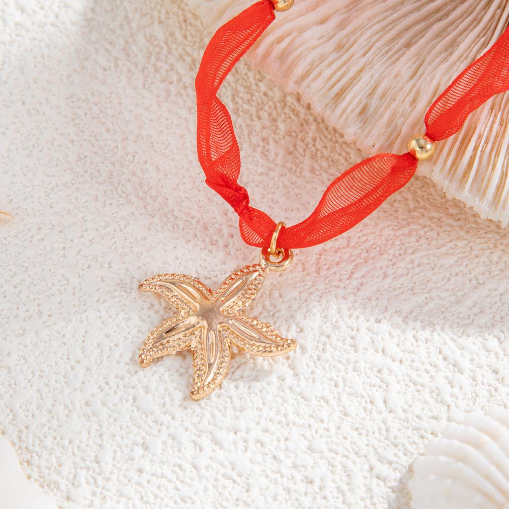 Ocean Style Starfish Scallop Necklace Cute Small Fresh Mesh Yarn Design Collar Chain Necklace