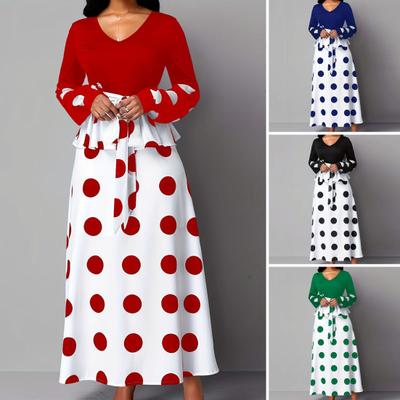 2024 Women Dress V Neck Color Matching Dot Print Fake Two-piece Ruffle Patchwork Long Sleeve A-line Lace-up High Waist Lady Spring Fall Maxi Dress