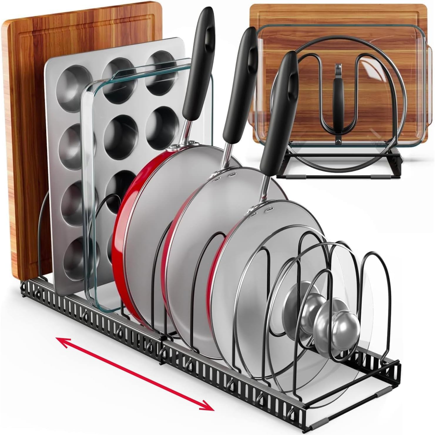 

Extendable frying pan rack with 7 compartments, perfect for storing pans, pots, lids, and cutting boards.