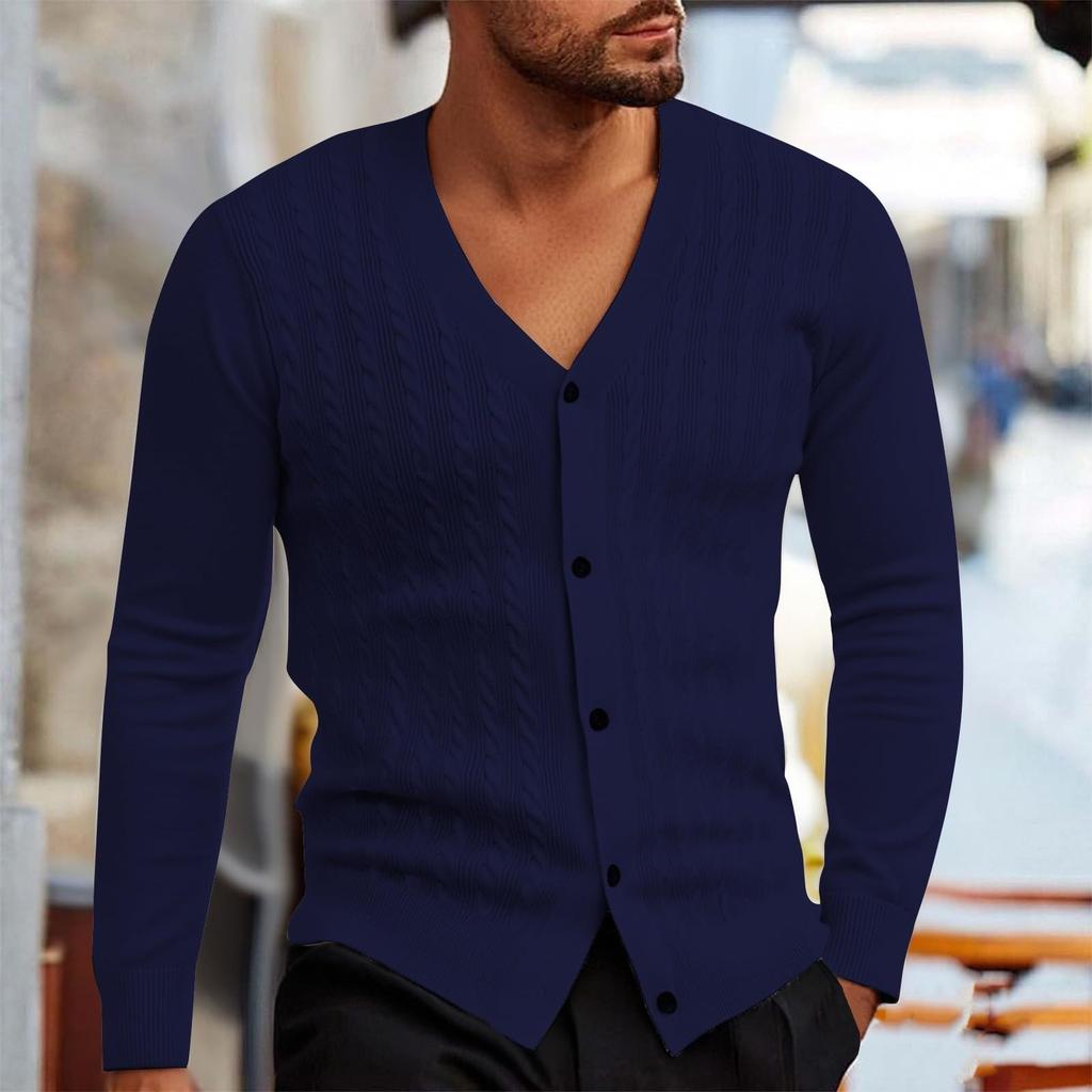 Mens Cardigan Sweater Casual Long Sleeve V Neck Buttons Down Cable Knit Shirts Textured Fall Winter Clothes