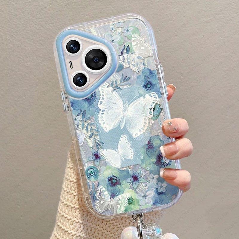 Blue Butterfly Feather Yarn for Apple 16 Mobile Phone Case IP15 All-inclusive 11/13PRO for Huawei for Oppo for Xiaomi for Vivo