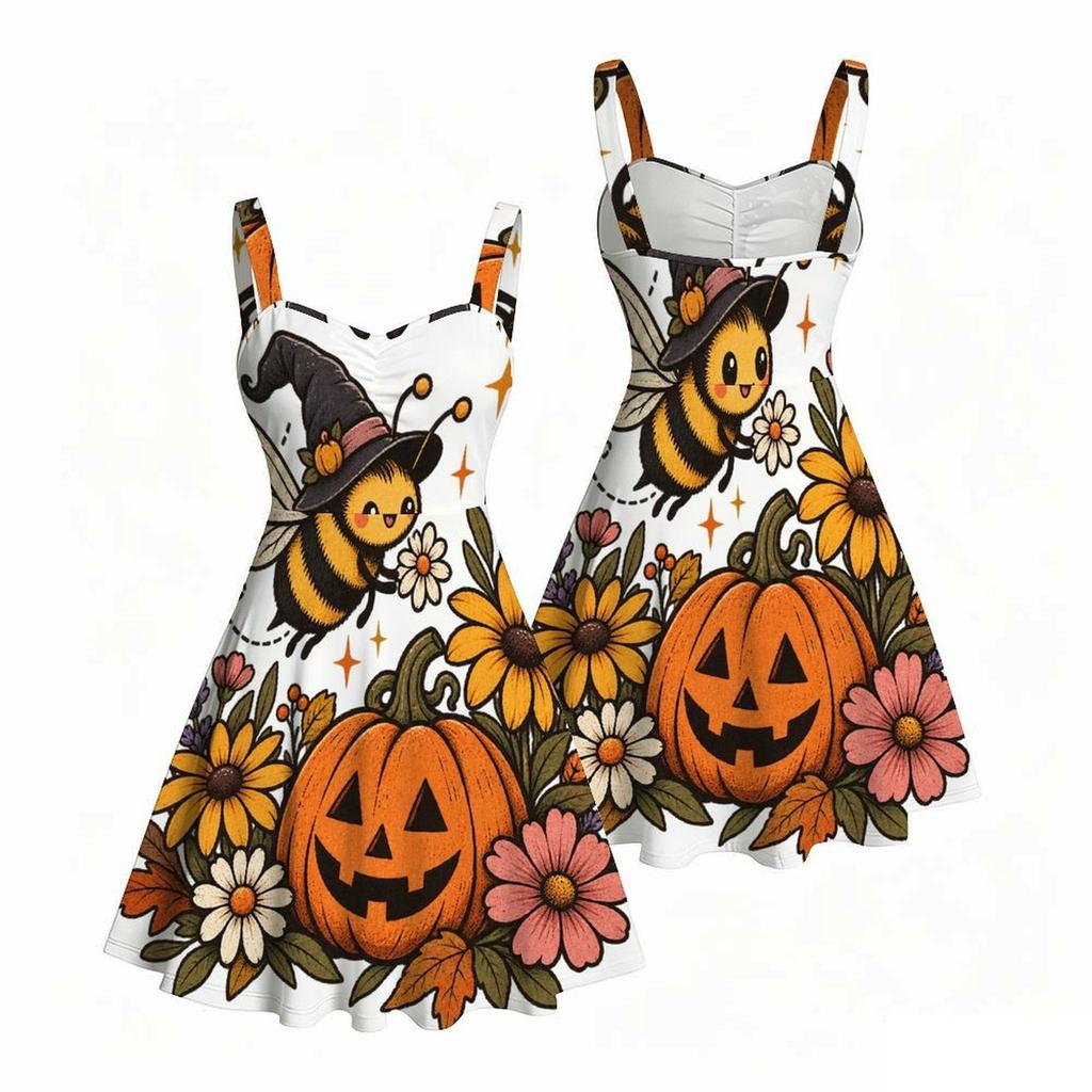 Women Plus Size Off Shoulder Strappy Sleeveless Fitted Waist Ghost Pumpkin Print Flared Dress