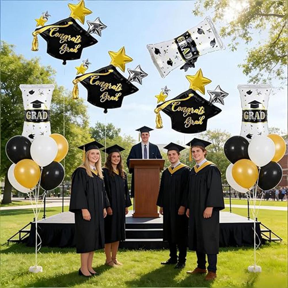Black Gold Graduation Balloons Set, 6Pcs Aluminum Foil Balloons with Grad Cap & Diploma Designs, Graduation Party Supplies for a