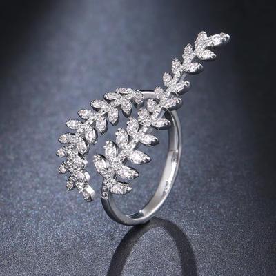 Huajie Dazzling Bright Zirconia Dynamic Plant Rings for Women Elegant Leave Resizable Rings Party Fashion