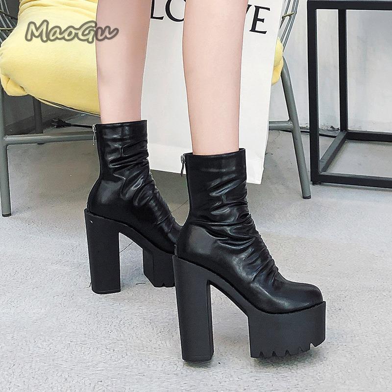 Autumn Gothic Ankle Boots Black PU Back Zip Super High Heel Short Boots Pleated Platform Shoes for Women Botas Para Mujer