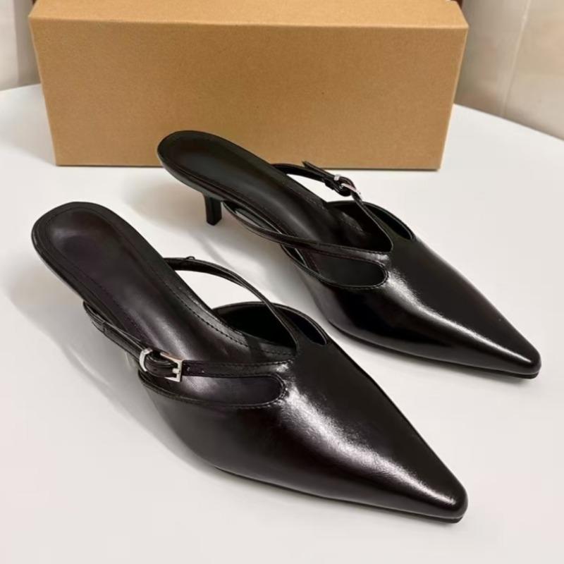 Heels Women Mules Shoes Elegant Pointed Toe Zapatos Mujer Classic Narrow Band Casual Black Female Summer Sandals
