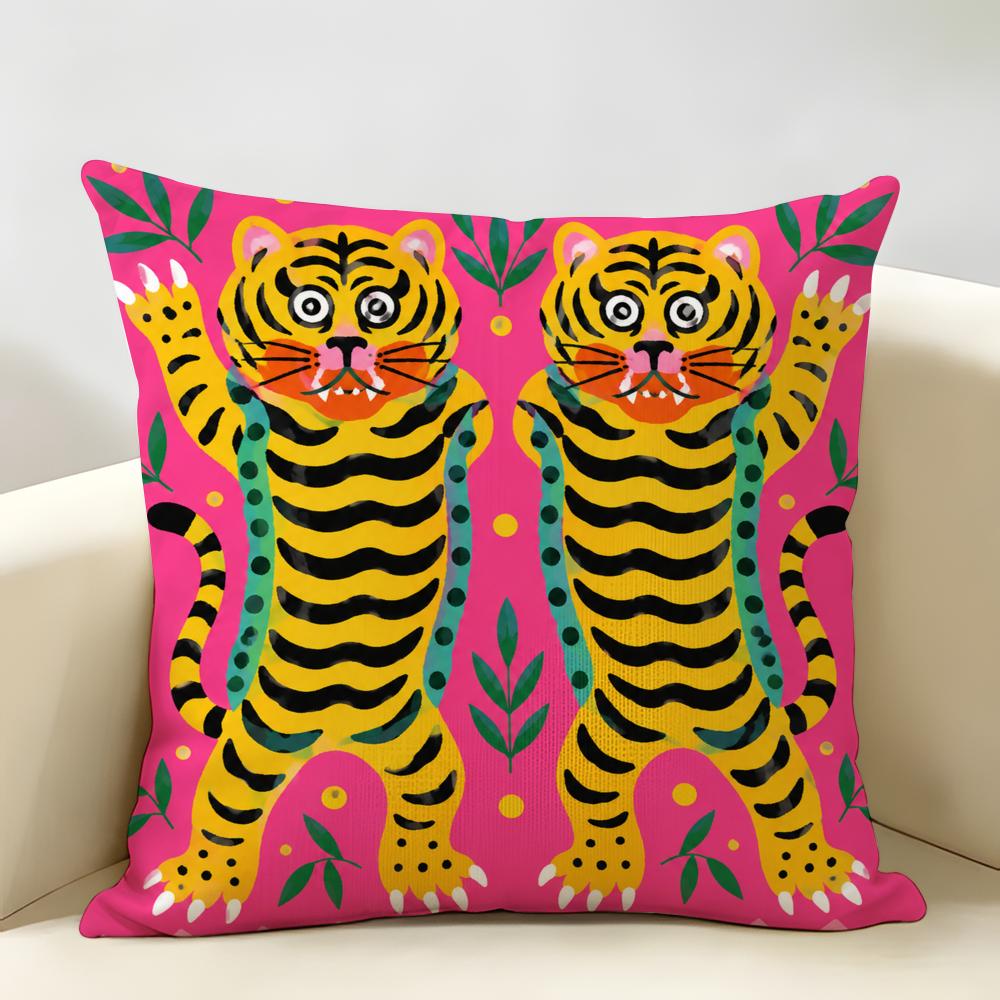 Pink Funky Animal Cushion Cover Durable Hypoallergenic Organic Linen Pillow Cover Short Size Washable SkinFriendly