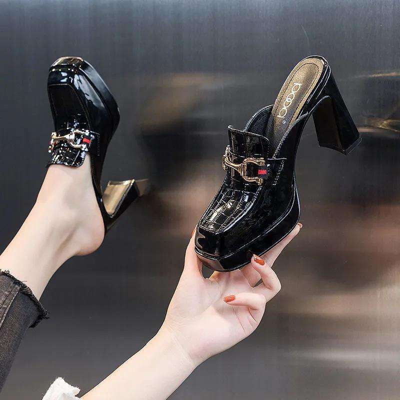 Designer~ 9cm bag head slippers women's outer wear single shoes spring fashion high heels versatile small leather shoes women