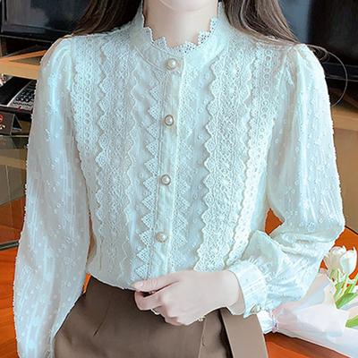 Mode Langarm Stehkragen Aprikose Weiß Spitze Bluse Shirt Frauen Tops J314