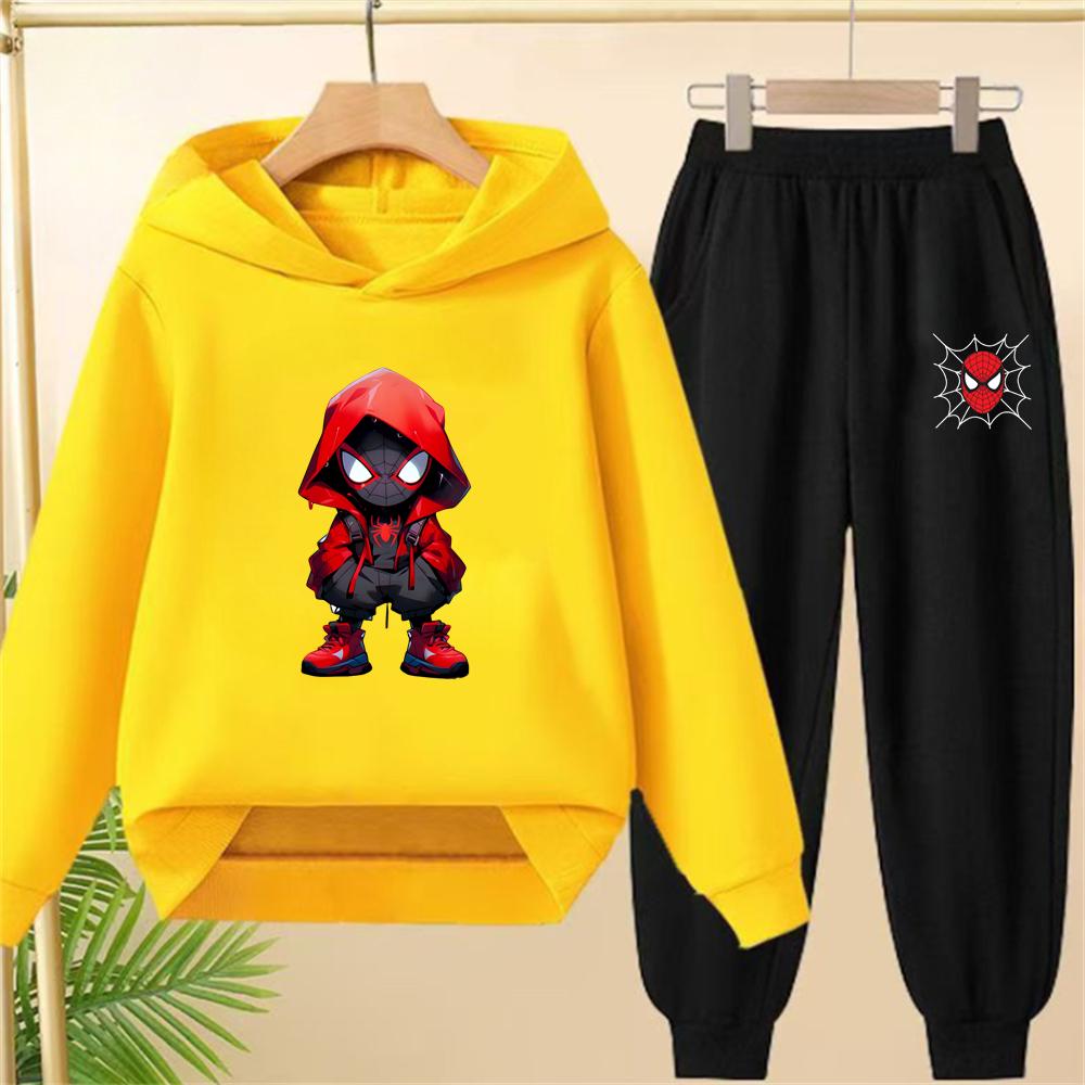 Çocuk Siyah Kapişonlu Örümcek Adam Baskılı Spor Kazak Mont Sweatshirt+Pantolon Erkek Kız Bebek Giysileri Eğlence Seti