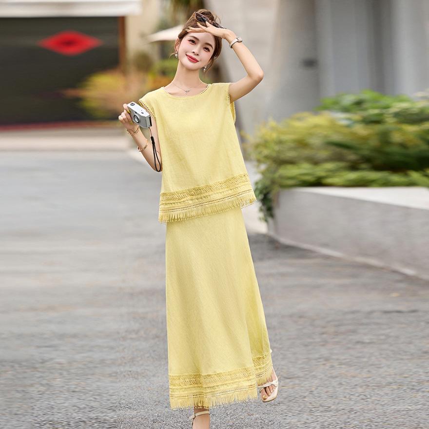 

Платье из двух частей с кисточками, женское летнее платье, нишевый дизайн, круглый вырез, без рукавов, свободный топ + юбка XXL жёлтый