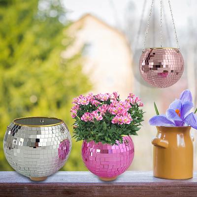 Disco Ball Planter Mirror Disco Ball Flowerpot Gardening Hanging Basket Indoor Outdoor Hanging Planter Rope Rack Boho Decorative Plant Pot